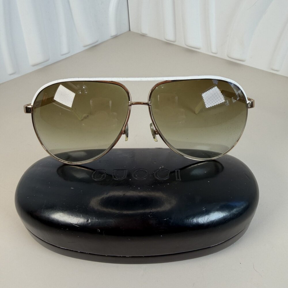 Gucci GG 1827/S Aviator Sunglasses | White & Gold Frame, Brown Gradient Lenses